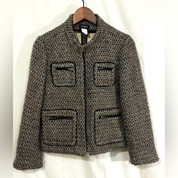 J.Crew Wool Blend Tweed Jacket | Size 4 | Brown Black Metallic | 4-Pocket Zip - Picture 1 of 7